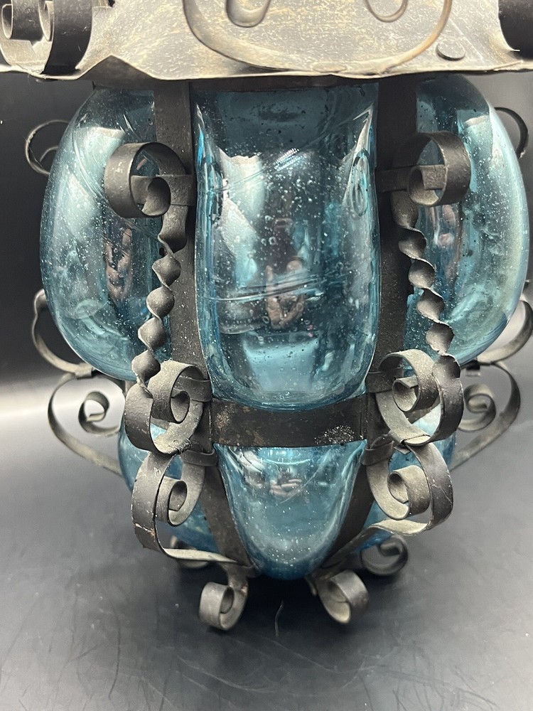 Old Handblown Blue Glass And Iron Lantern