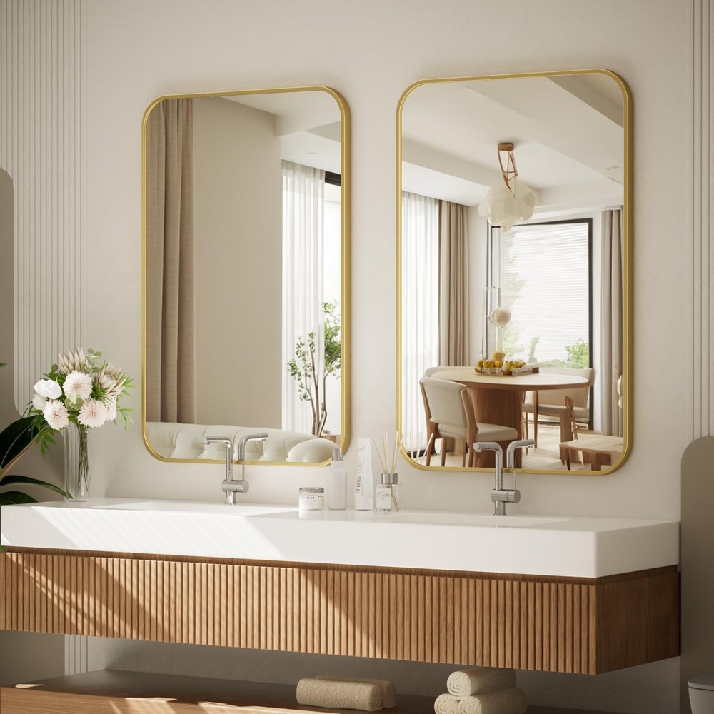 26" x 38" Rectangular Aluminum Alloy Frame Wall Mounted Bathroom Mirror with ...