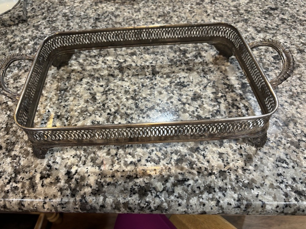 Vintage Silver Plated Footed Casserole Dish Holder 13x8.5 Inches With Handles