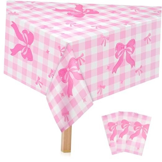 3PCS Pink Bow Tablecloths, Disposable Pink and White Checkered Plastic Table