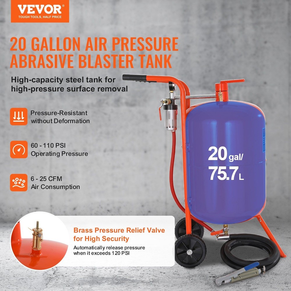 20gal Optimized Sand Blasting Tank 60-110 PSI with 4 Ceramic Tips