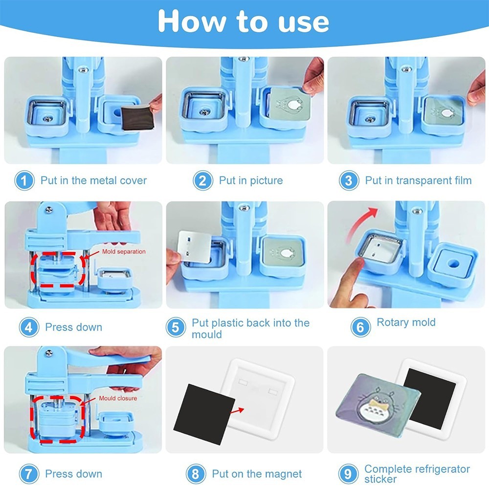 55MM/1.97" Square Button Maker Badge Button Press Machine DIY Fridge Magnet Pin