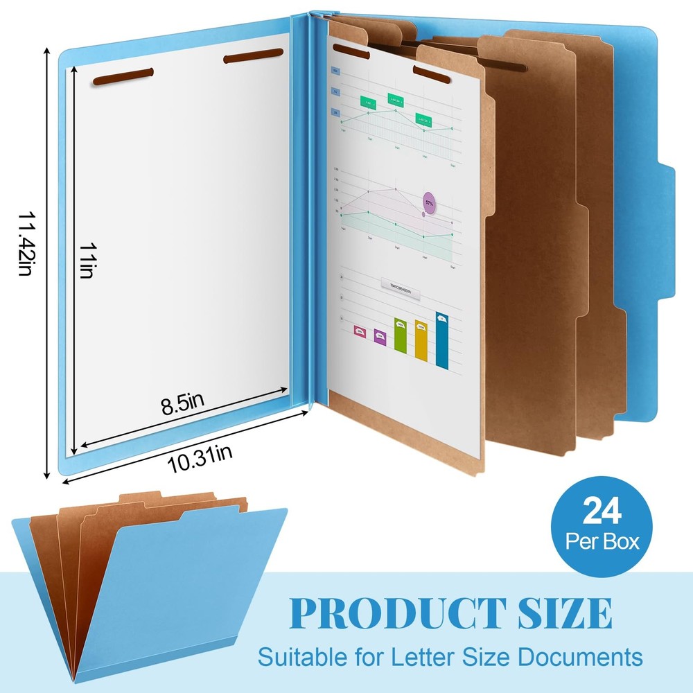 24 Pcs Classification Folders Letter Size, 3 Divider Pressboard File Folder w...