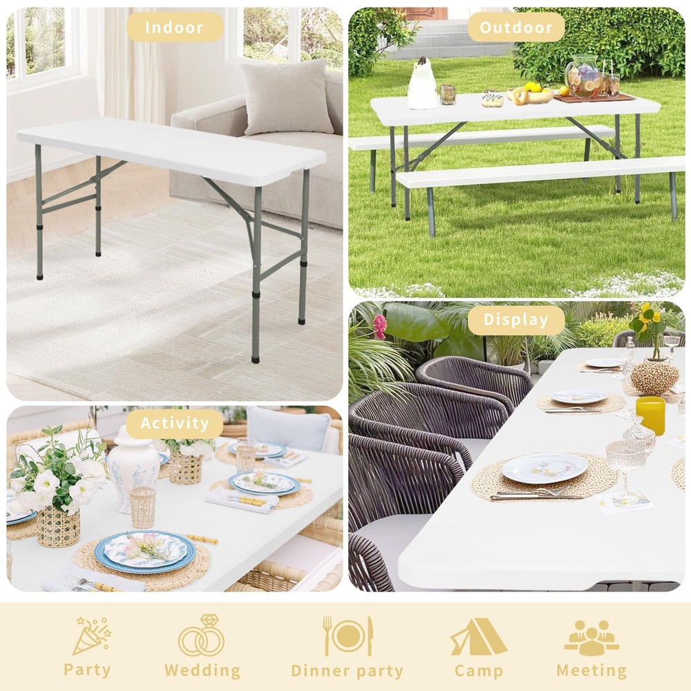Folding Table 4FT Camping Table Portable Heavy Duty Plastic Rectangular Outdoor