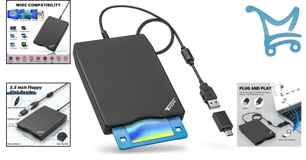 USB Floppy Disk Drive External 3.5 Inch Portable Floppy Disk Reader for Windows