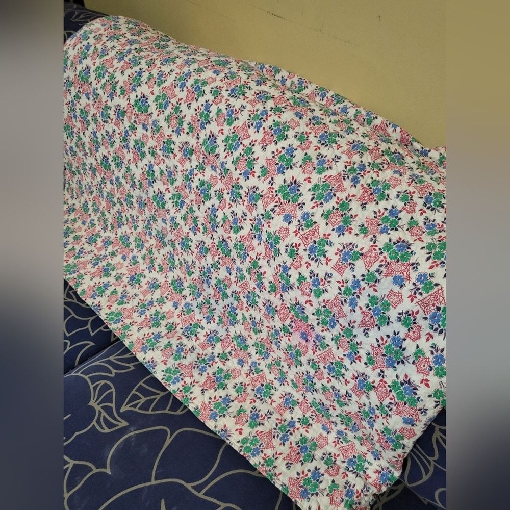 Vintage Postage Stamp Patch Quilt with Floral Backing