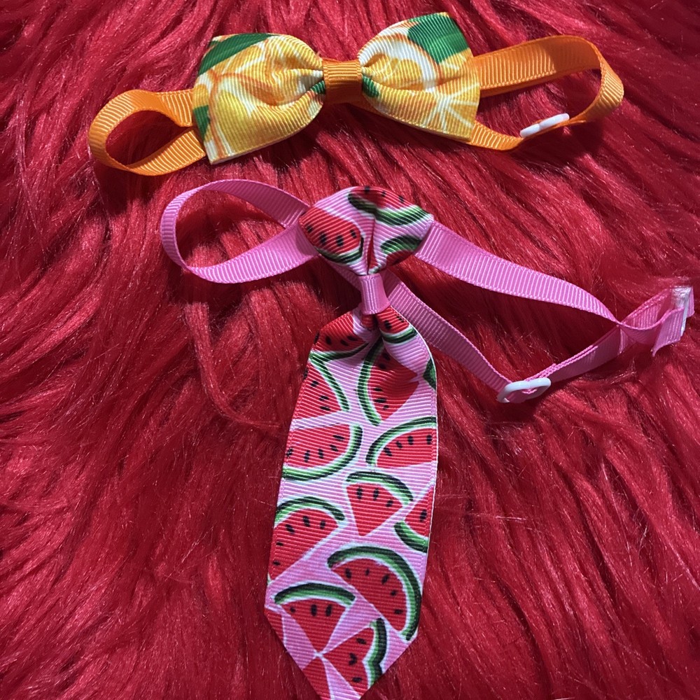 2 X Fruit Pattern, Cat Or Dog, Adjustable Bow & Tie Set. Homemade.