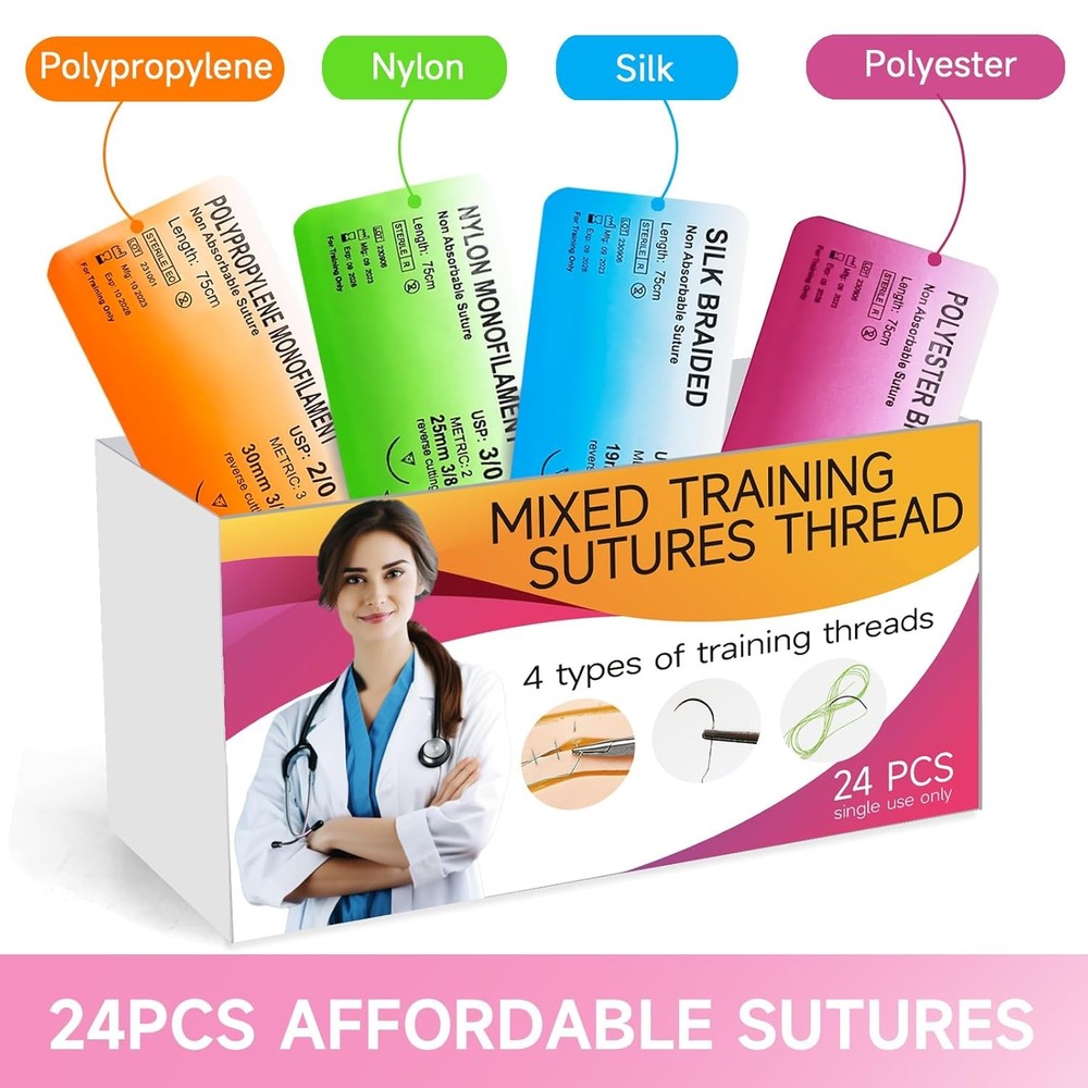 Sutures Thread with Needle (24 Mixed 2/0, 3/0, 4/0, 5/0) - Practicing Suturing(E