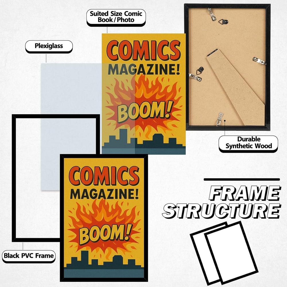 Versatile 4-Pack Black Frames for Comics and Artwork - Shatter-Resistant Design