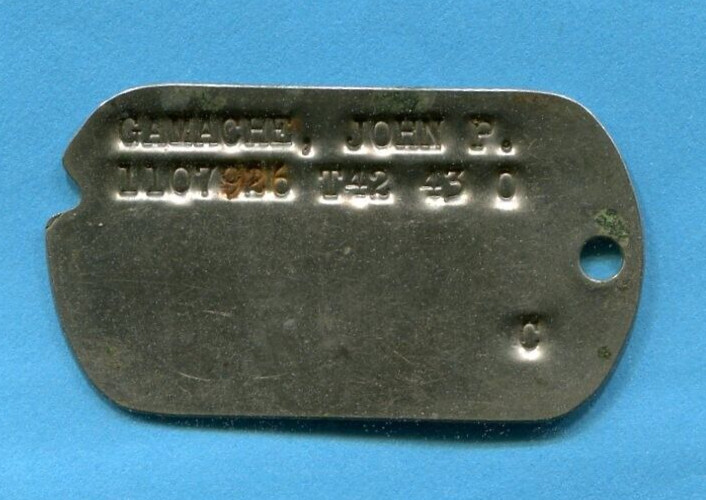 ORIGINAL WORLD WAR 2 DOG TAG JOHN P GAMACHE