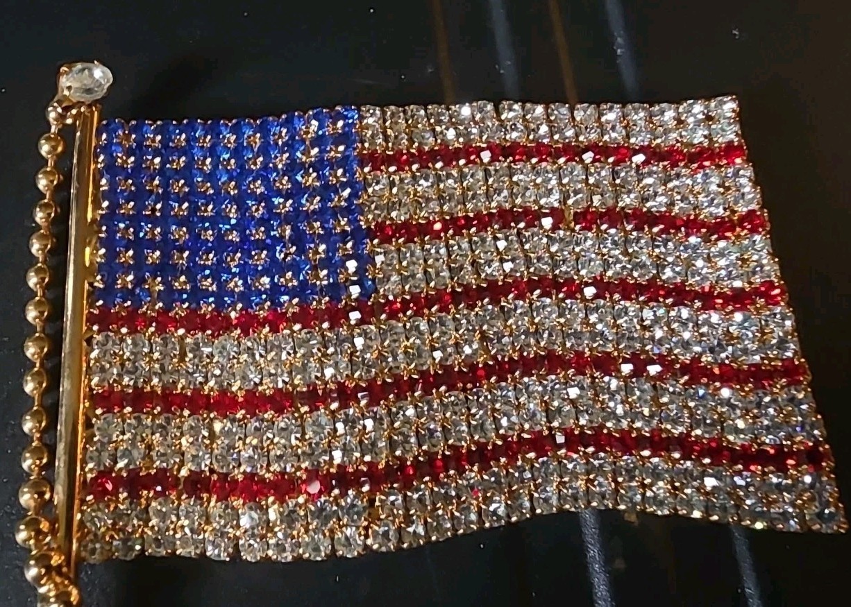 Vintage Rhinestone Flag Pin New Old Stock Brooch Free Shipping
