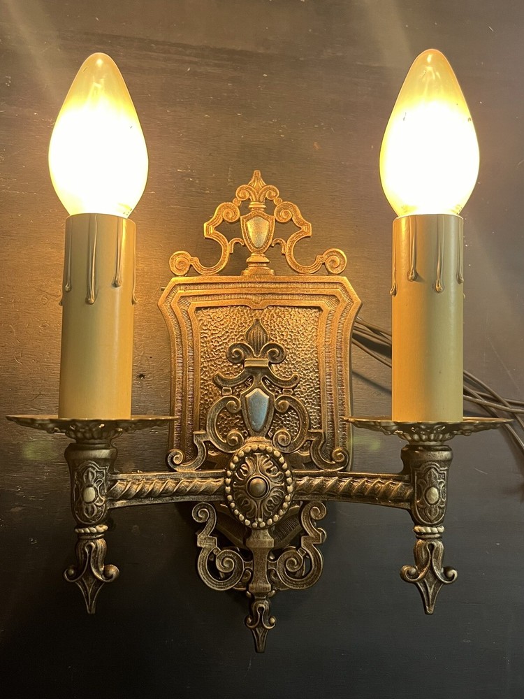 Great Pair Antique Wall Sconces Double Arm Polychrome Finish 40B