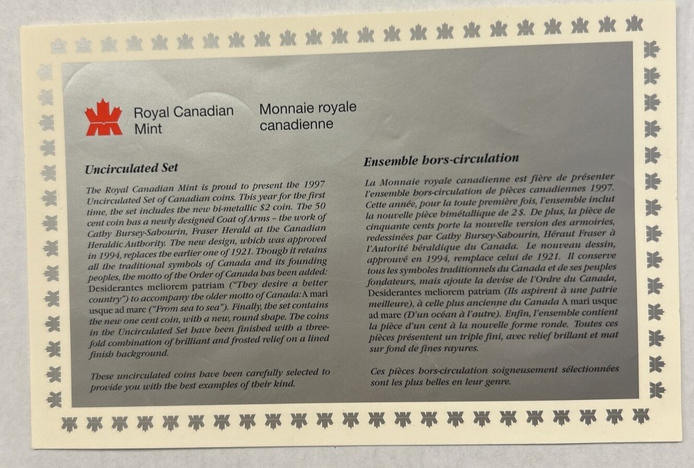 1997 Canada Uncirculated Mint Set In Mint Cello + Specifications Card & Envelope