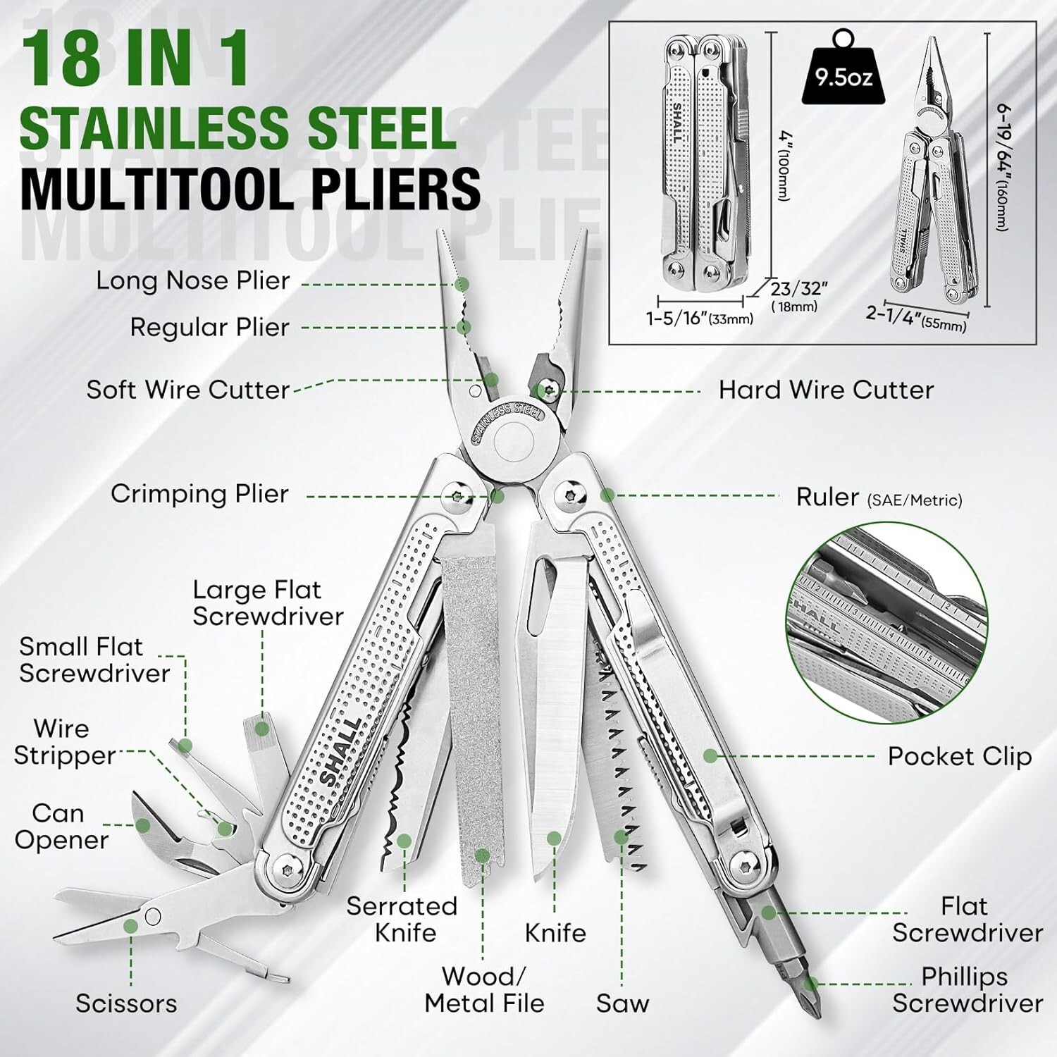 SHALL 18in1 Multitool Pliers,Multi Tool,Stainless Steel Multi-tool Pocket Knife