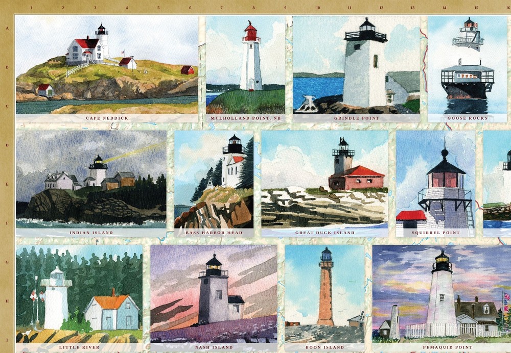 Maine Lighthouses Illustrated Map & Guide