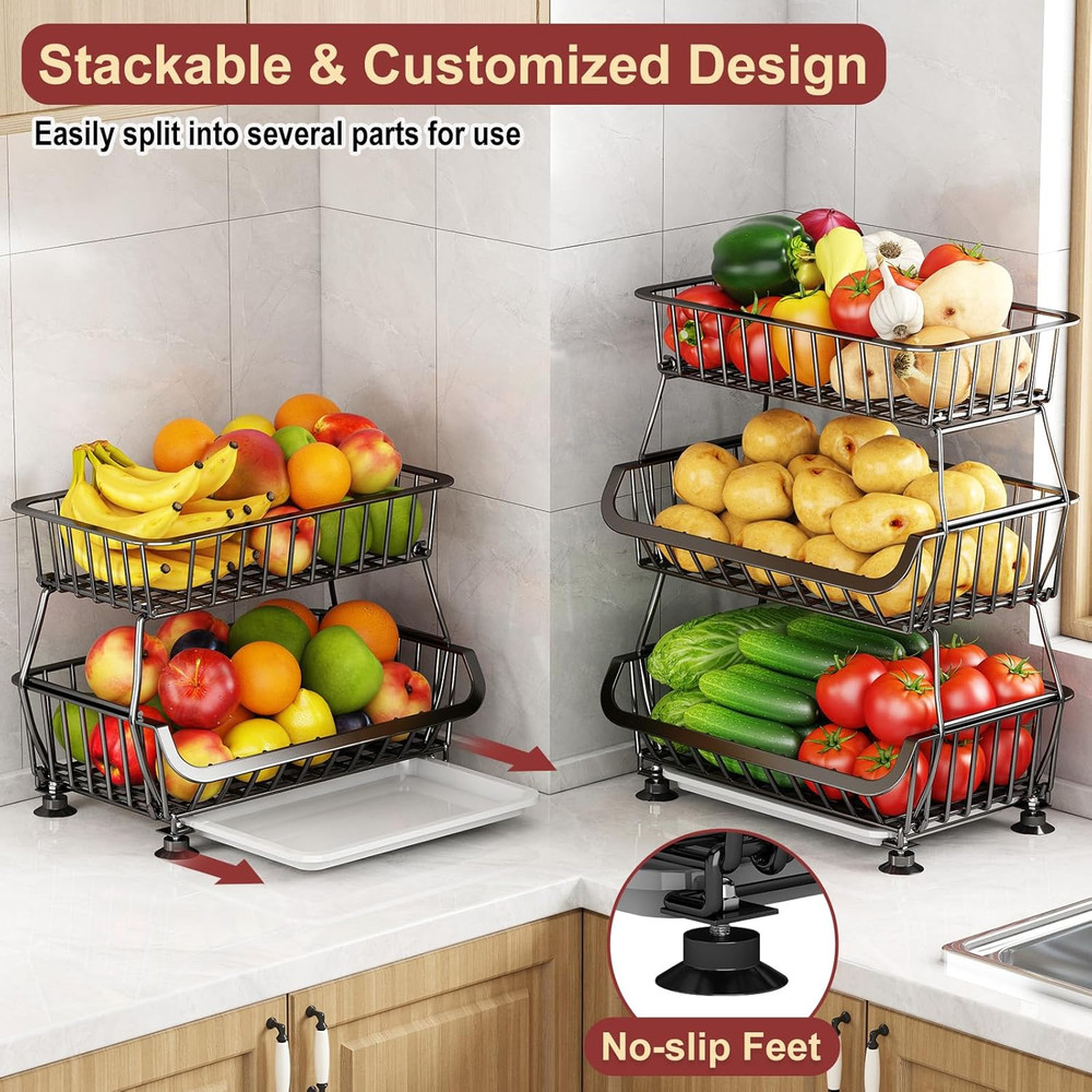 3-Tier Rolling Pantry Cart, Stackable Wire Storage Floor Organize Vegetable Rack
