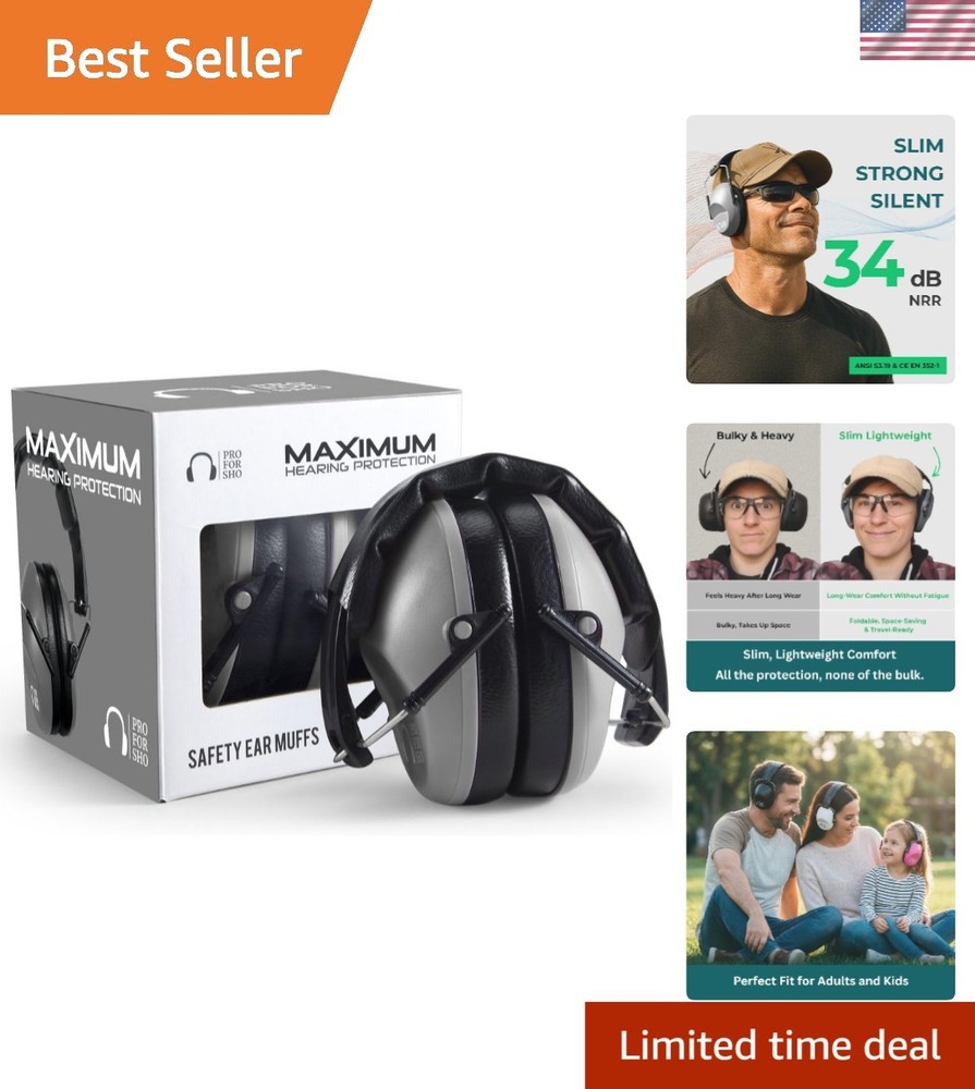 High-Performance 34 dB NRR Ear Muffs - Adjustable, Foldable & Travel-Friendly