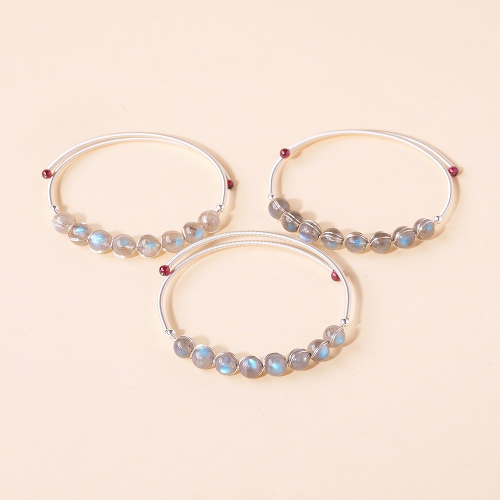 Labradorite Beaded Adjustable Silver Wire Bangle Healing Jewelry
