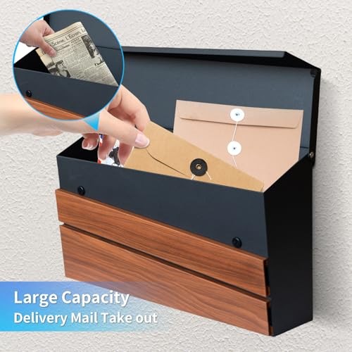 Wall-Mount Mailbox, Walnut Wood Panel, Rust Resistant Large No Flag style