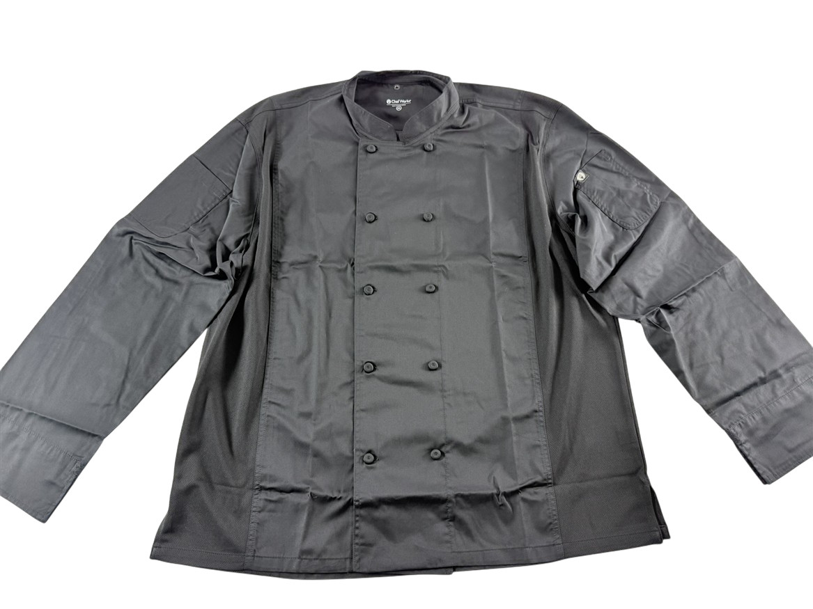 Chef Works NEW Black Bowden Long Sleeve Mens 2XL Chef Coat CBC01 Double Breasted