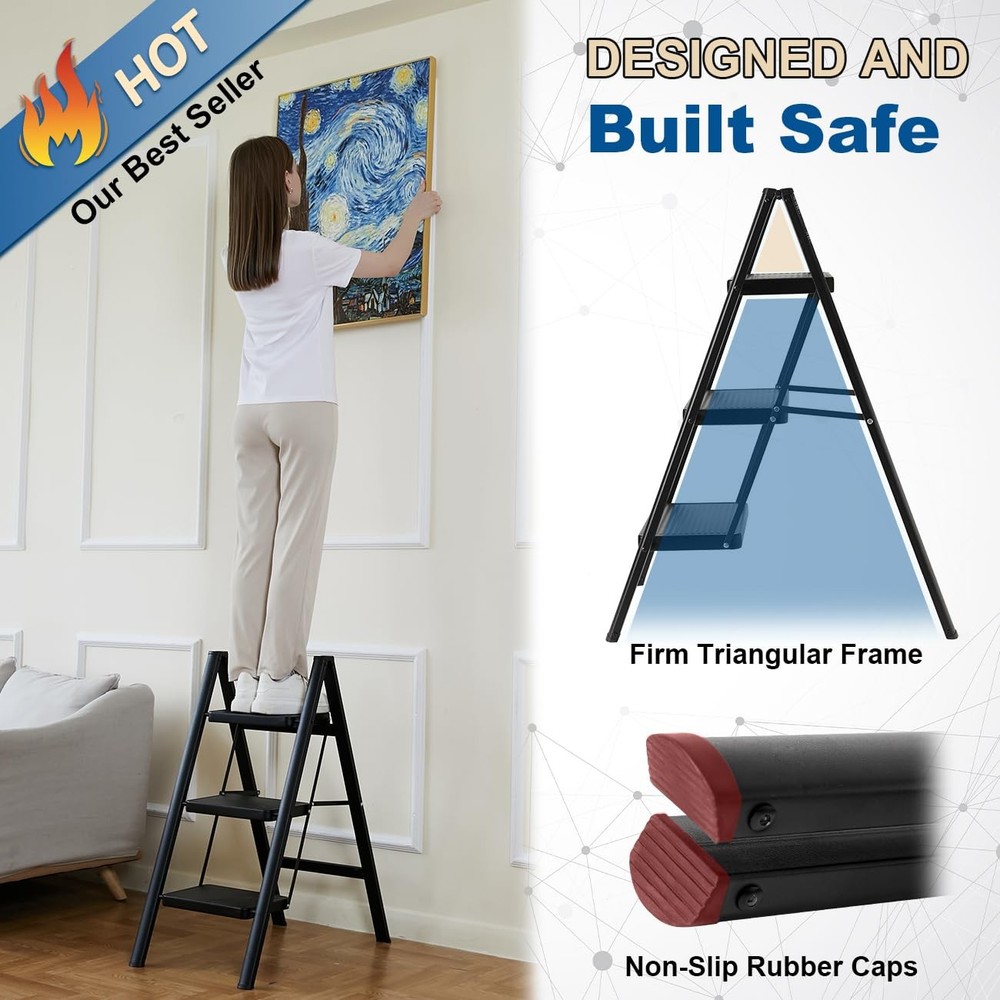 Step Ladder 3 Step Folding, Sturdy 330 Lbs Load Small Step Stool for Adults, ...