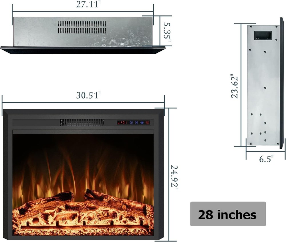 30" Width Electric Fireplace Inserts with Adjustable Flame Colors, Fireplace Hea