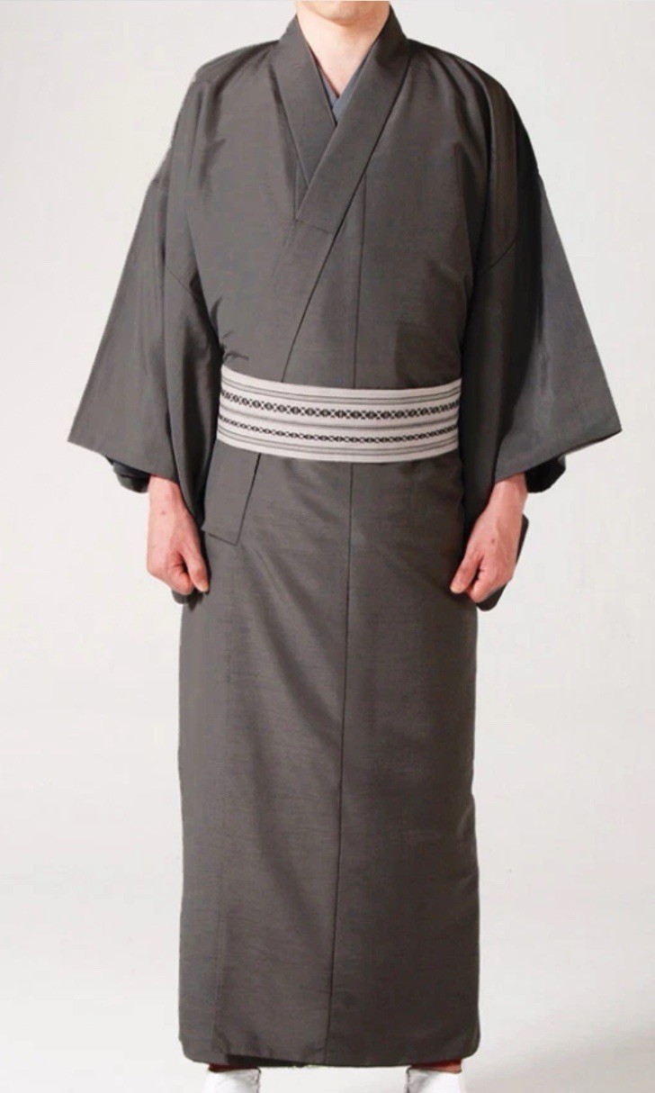 Japanese Men's Traditional TSUMUGI Hitoe Kimono Polyester Gray from JAPAN