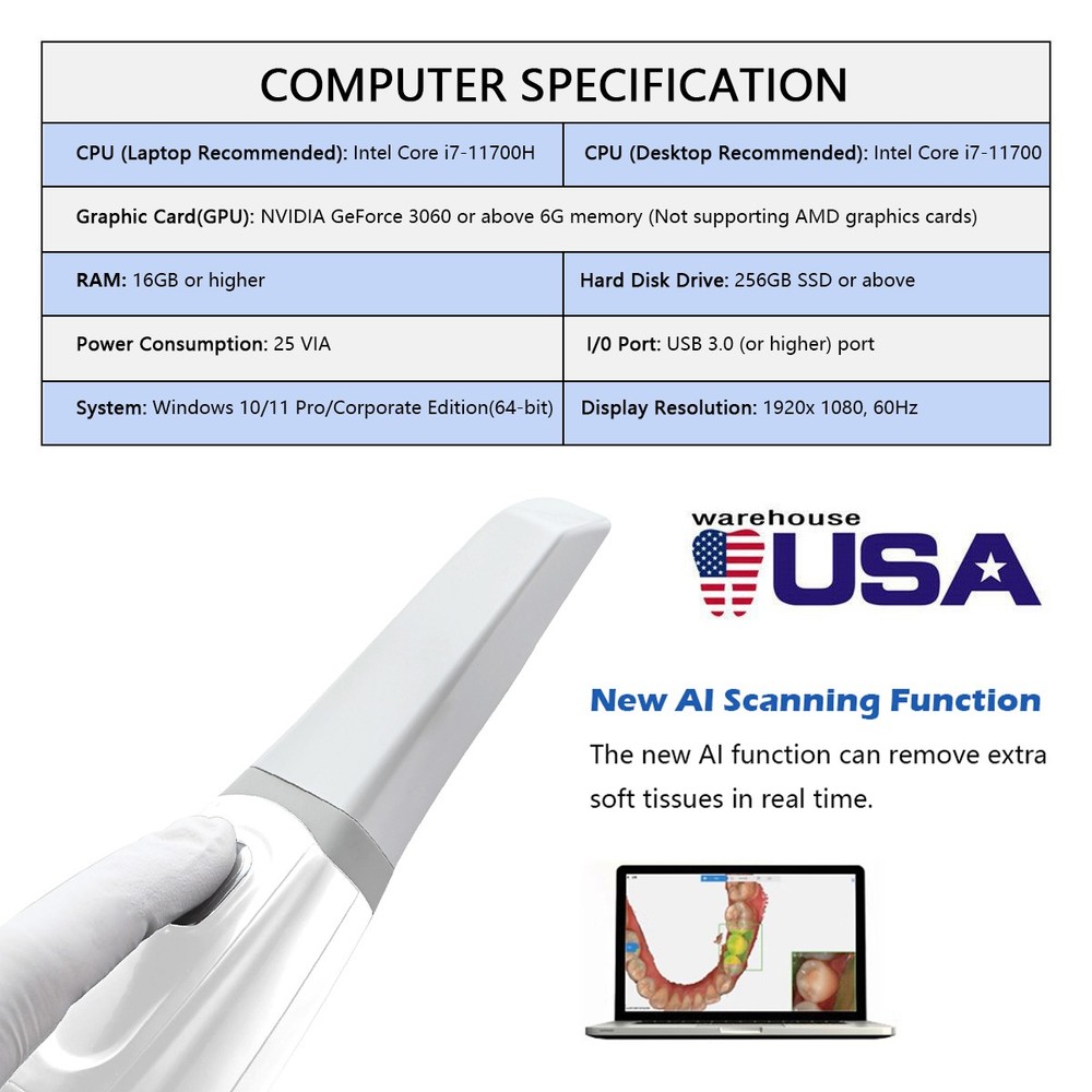 Dental Scanner with Scanning Software. No Need Calibration.
