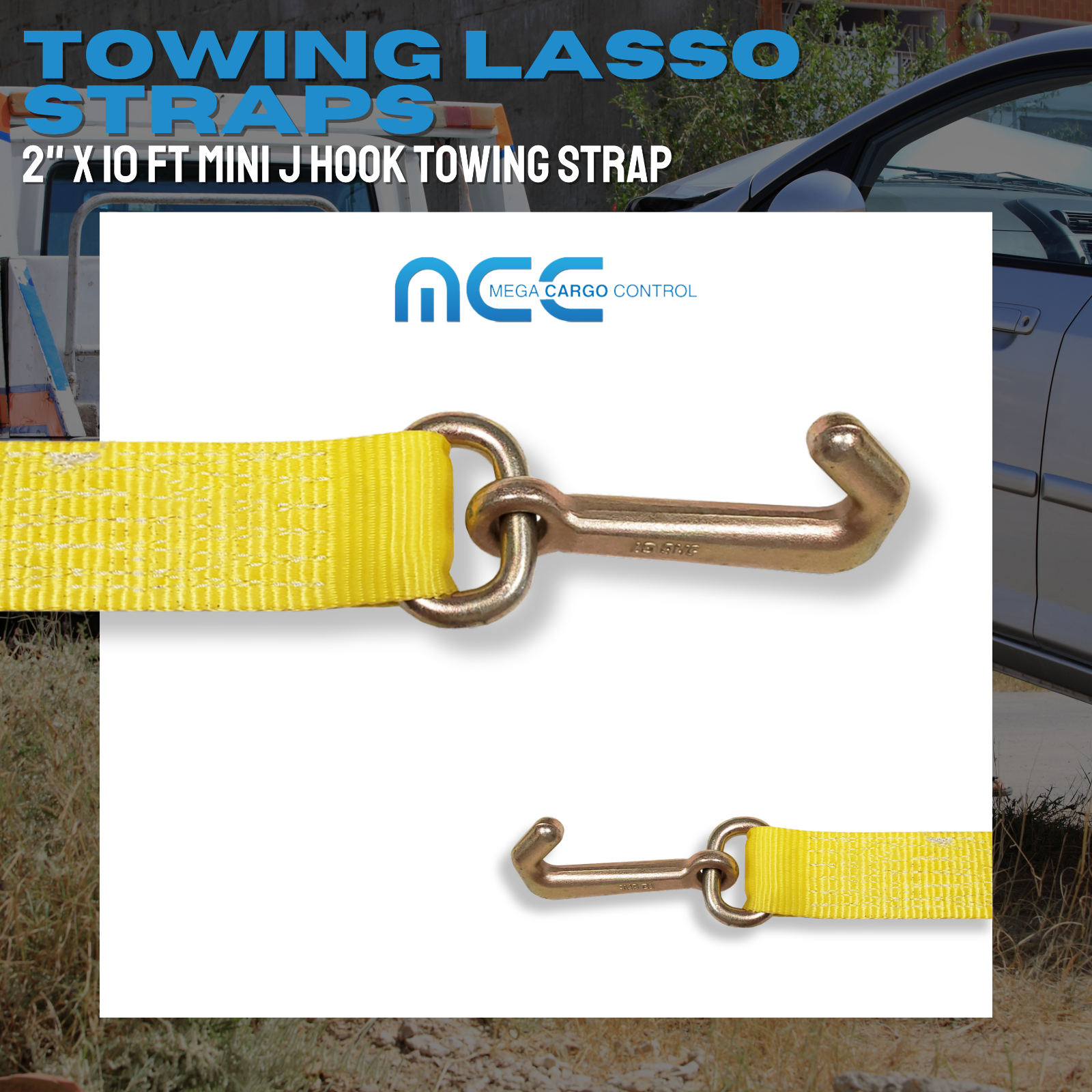 Heavy Duty G70 2" x 10' Mini J Hook Towing Trailer Wrecker Lasso Tie Down Strap