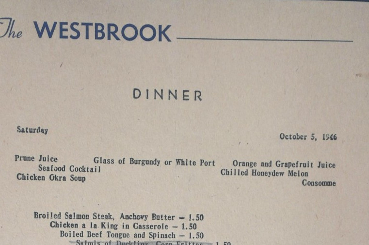The Westbrook Dinner Menu 1946