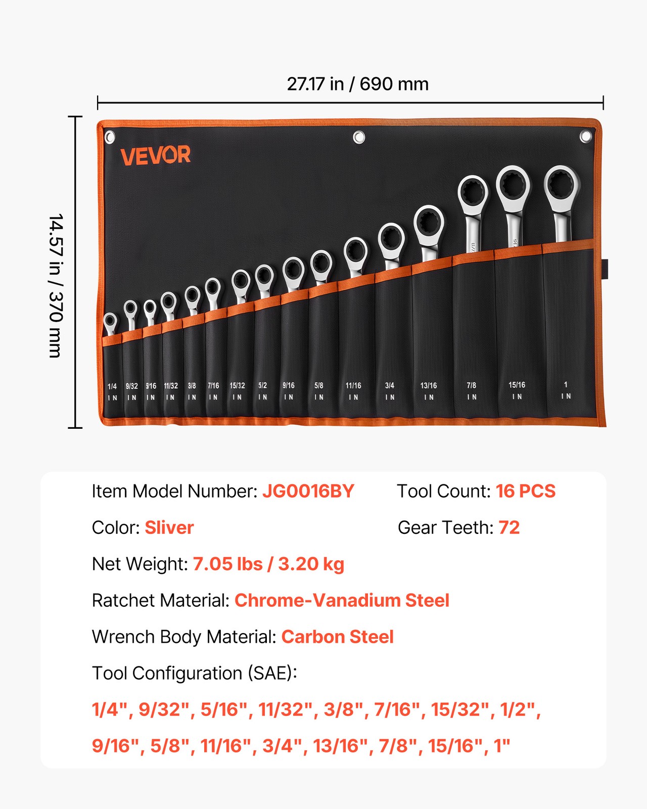 VEVOR Combination Wrench Set Ratcheting Wrench Set 16-Piece SAE Sizes Silver