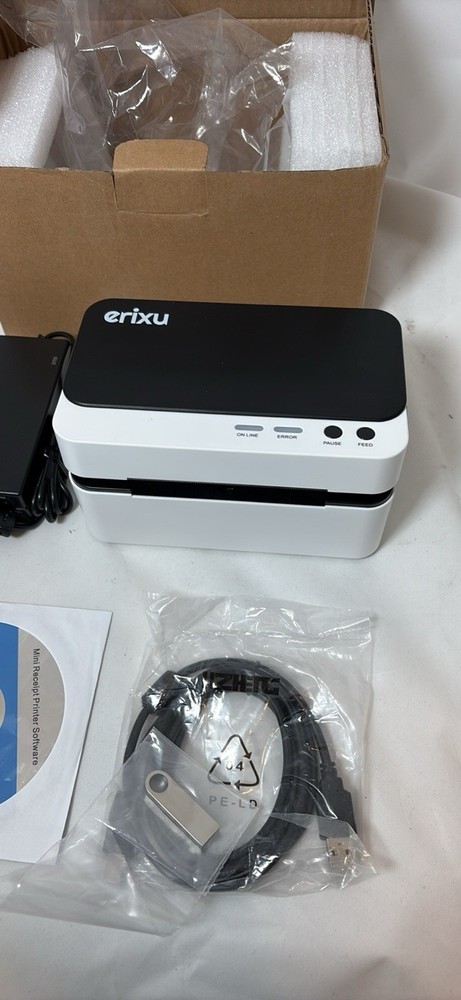 erixu Label Printer with USB Cable, Power Adapter, and Software CD