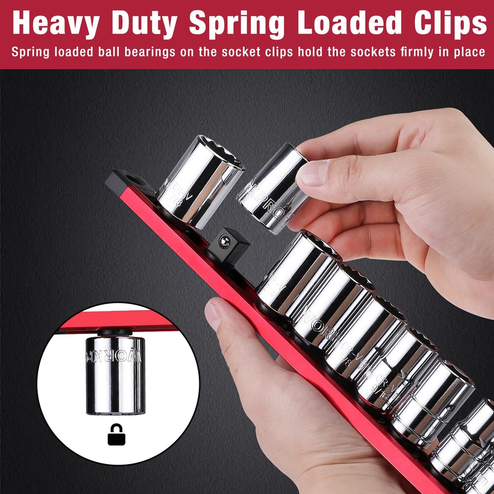 WORKPRO 3/8 Drive Magnetic Socket Organizer Socket Rail Heavy Duty Socket Holder