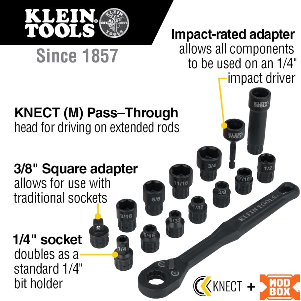 KNECT 15-Piece Impact Rated Pass through Socket Set with Modbox Case, Sockets