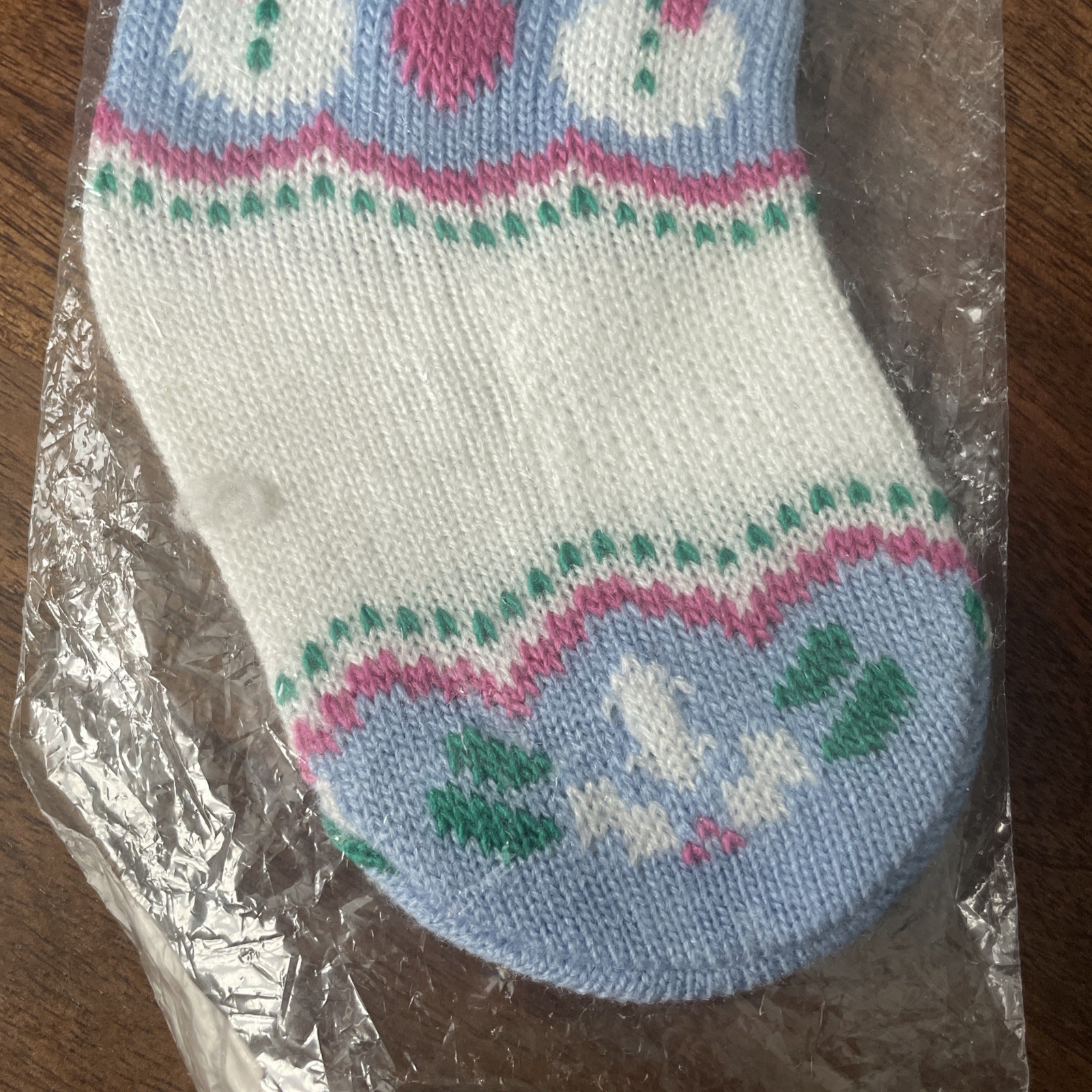 Vintage Christmas Knitted Mini Stocking Ornament Pink Blue 1980s Taiwan Snowman
