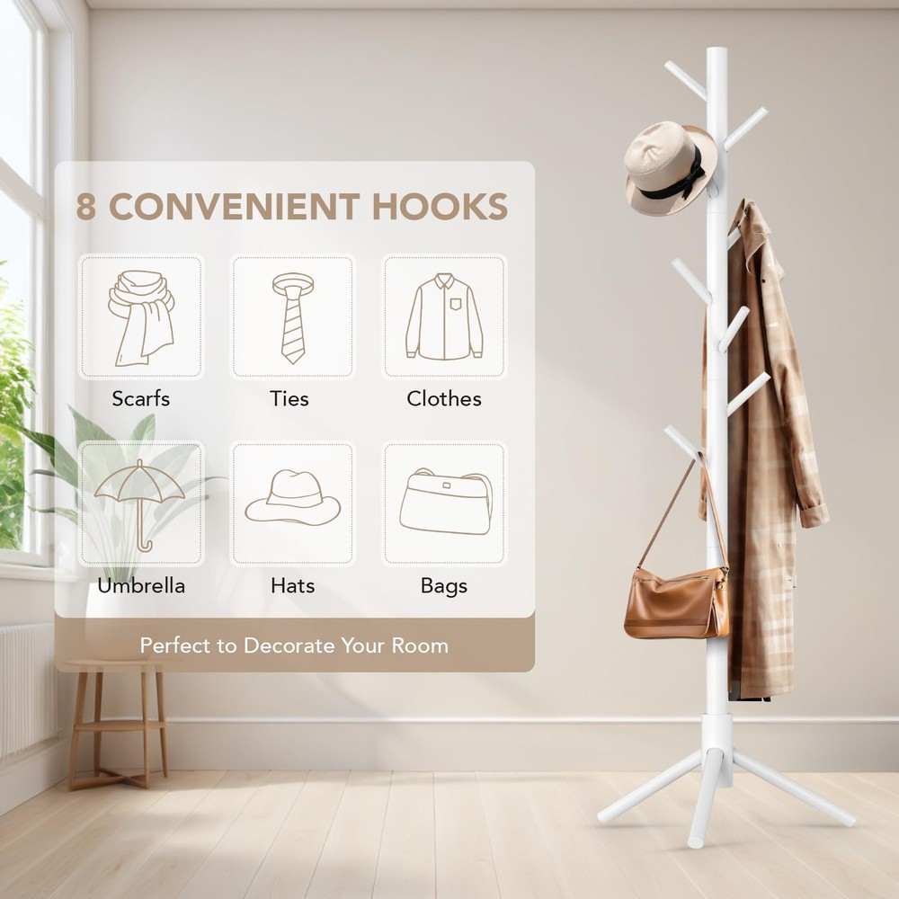Wooden Tree Coat Rack Stand Freestanding 8 Hooks Adjustable Height