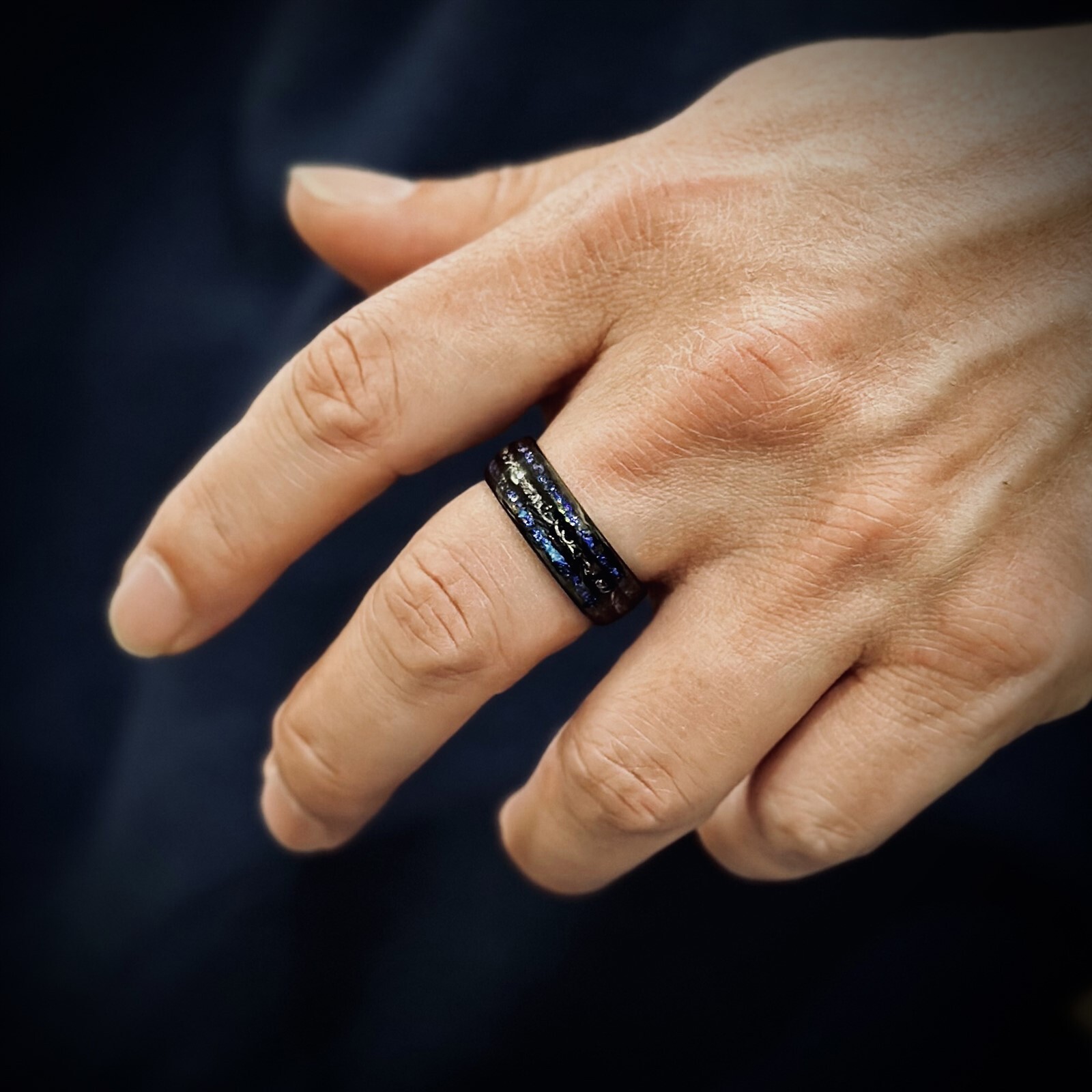 Black Tungsten Carbide Ring Blue Sandstone & Meteorite Space Galaxy Wedding Band