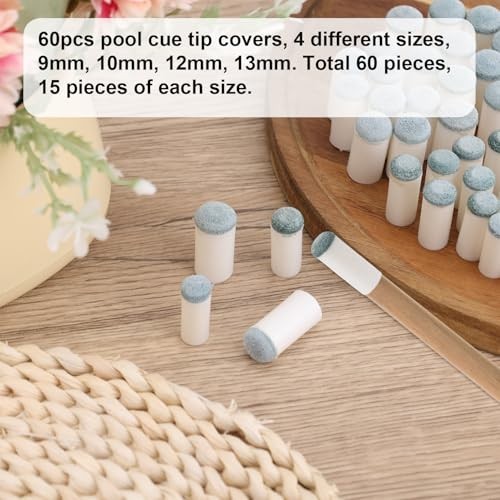 60pcs Slip-On Pool Cue Tips Replacement Kit, 4 Sizes Billiard Stick Ferrules