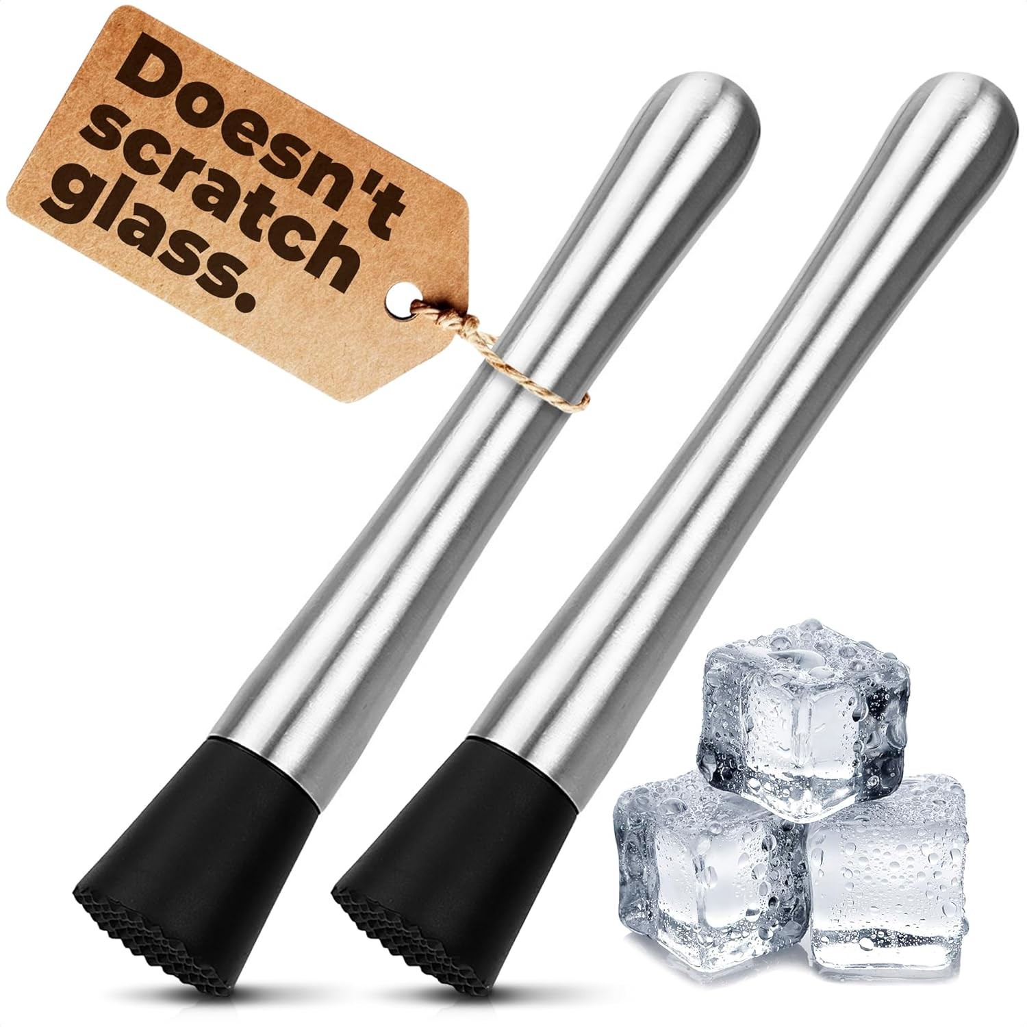 2 Pcs Bar Muddler for Cocktails – 8" Stainless 2 Muddlers, Silver, Black