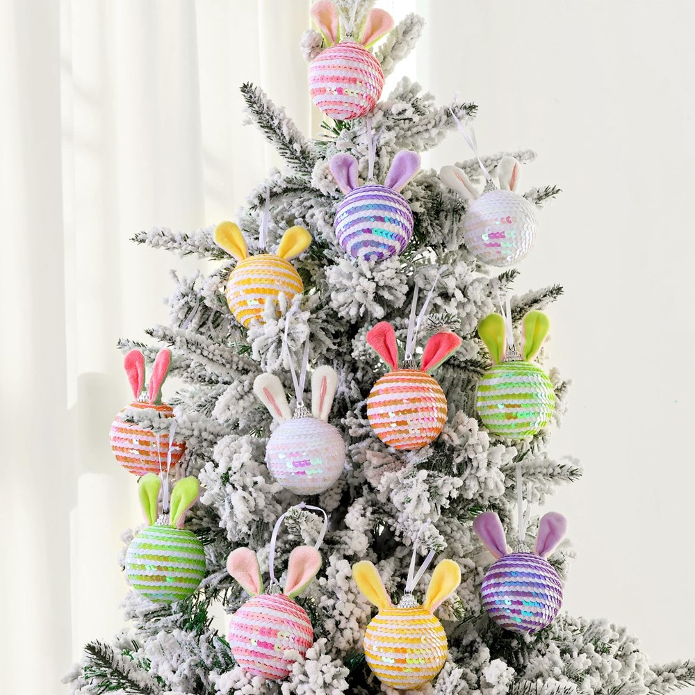 Easter Tree Decorations: 12pcs Sequin Easter Ornaments with Plush Bunny Ears, Pi