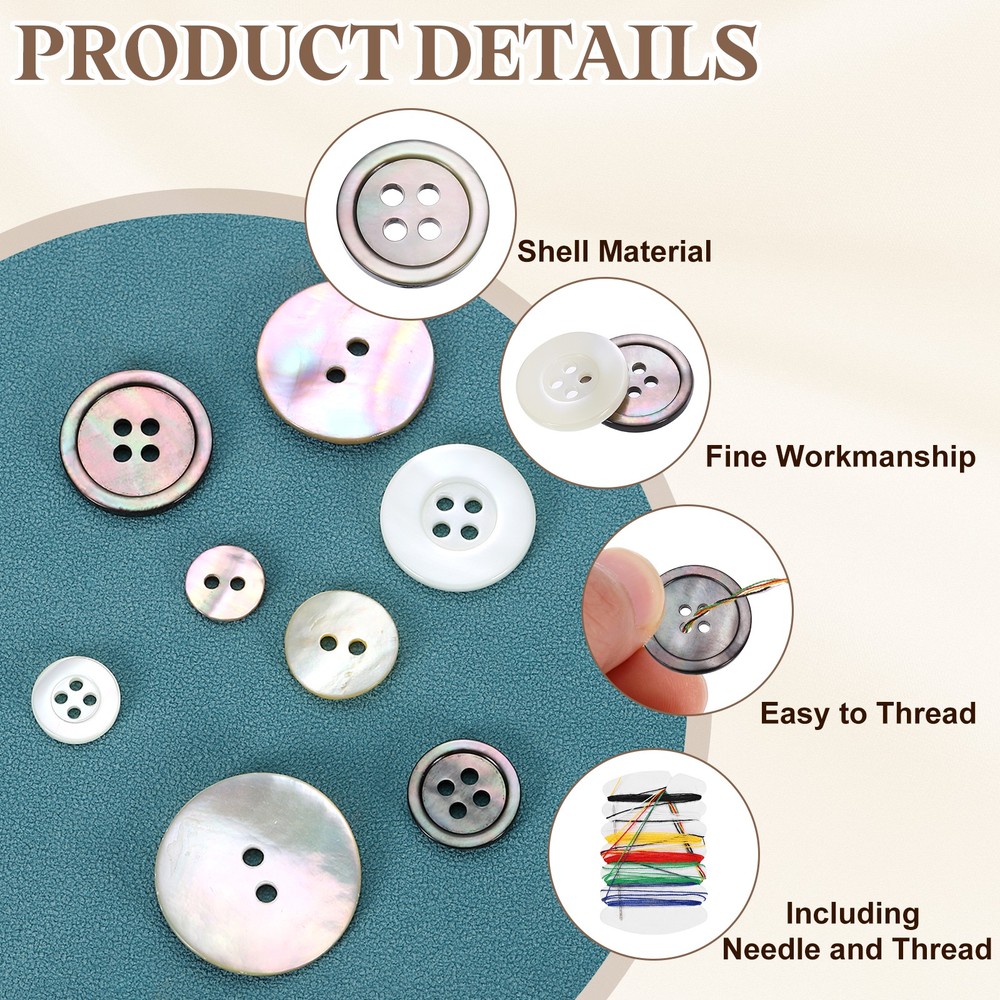 15Pcs 4 Hole 12.5mm Natural Shell Button with Sewing Thread Kit, Black