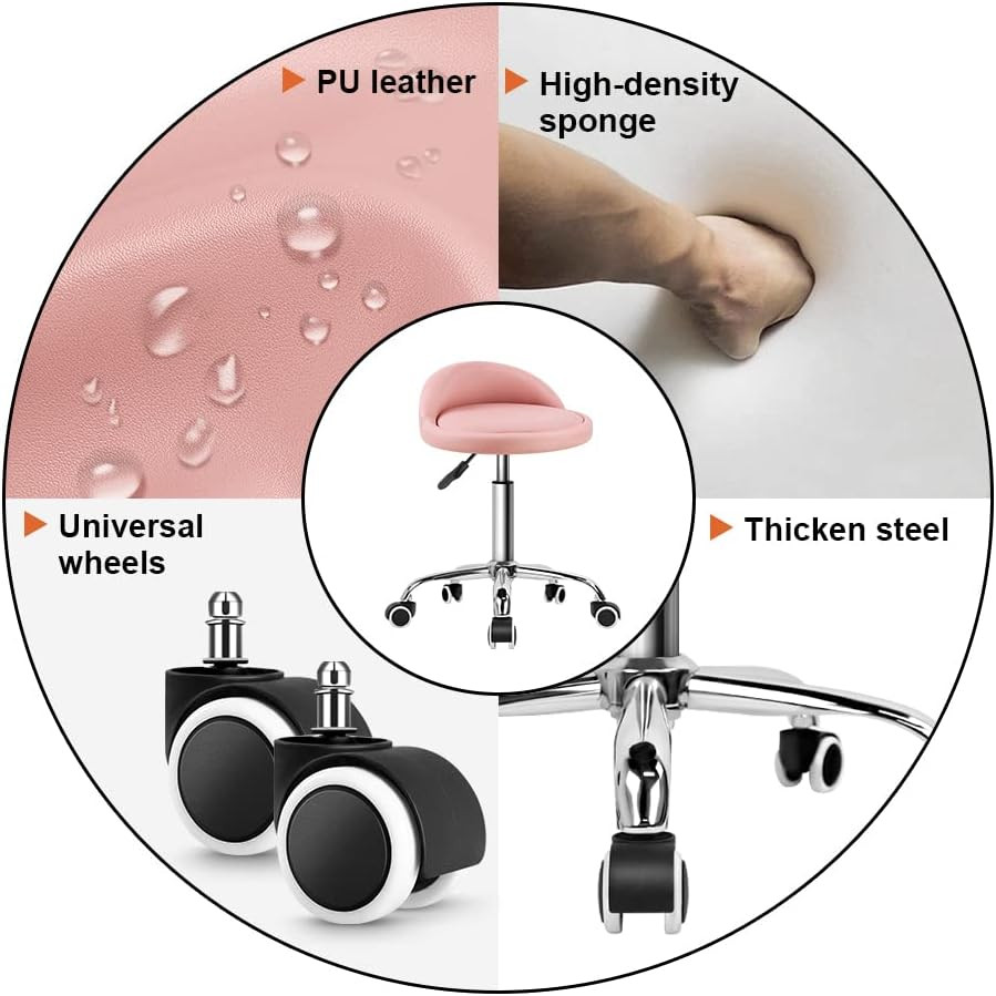 PU Leather round Rolling Stool with Back Rest Height Adjustable Swivel Drafting