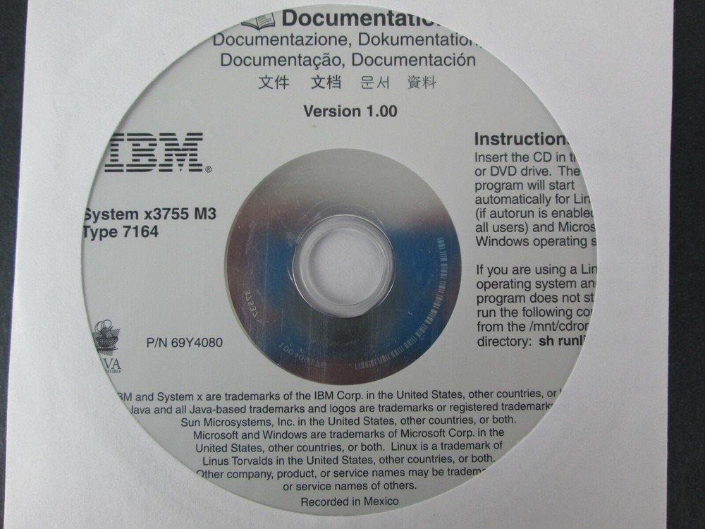 Genuine New IBM System x3755 M3 Type 7164 Documentation CD Disk 69Y4080