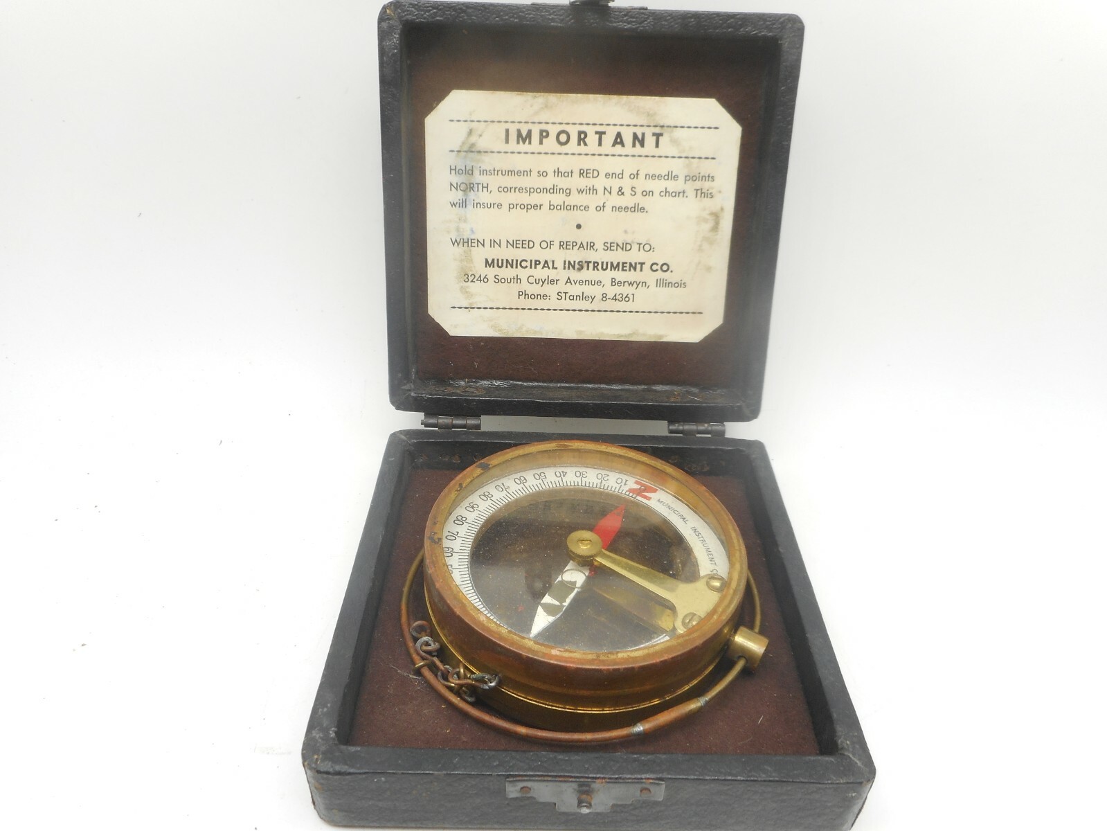 Vintage MUNICIPAL INSTRUMENT CO Dipping Needle Circle Mining Compass in Case