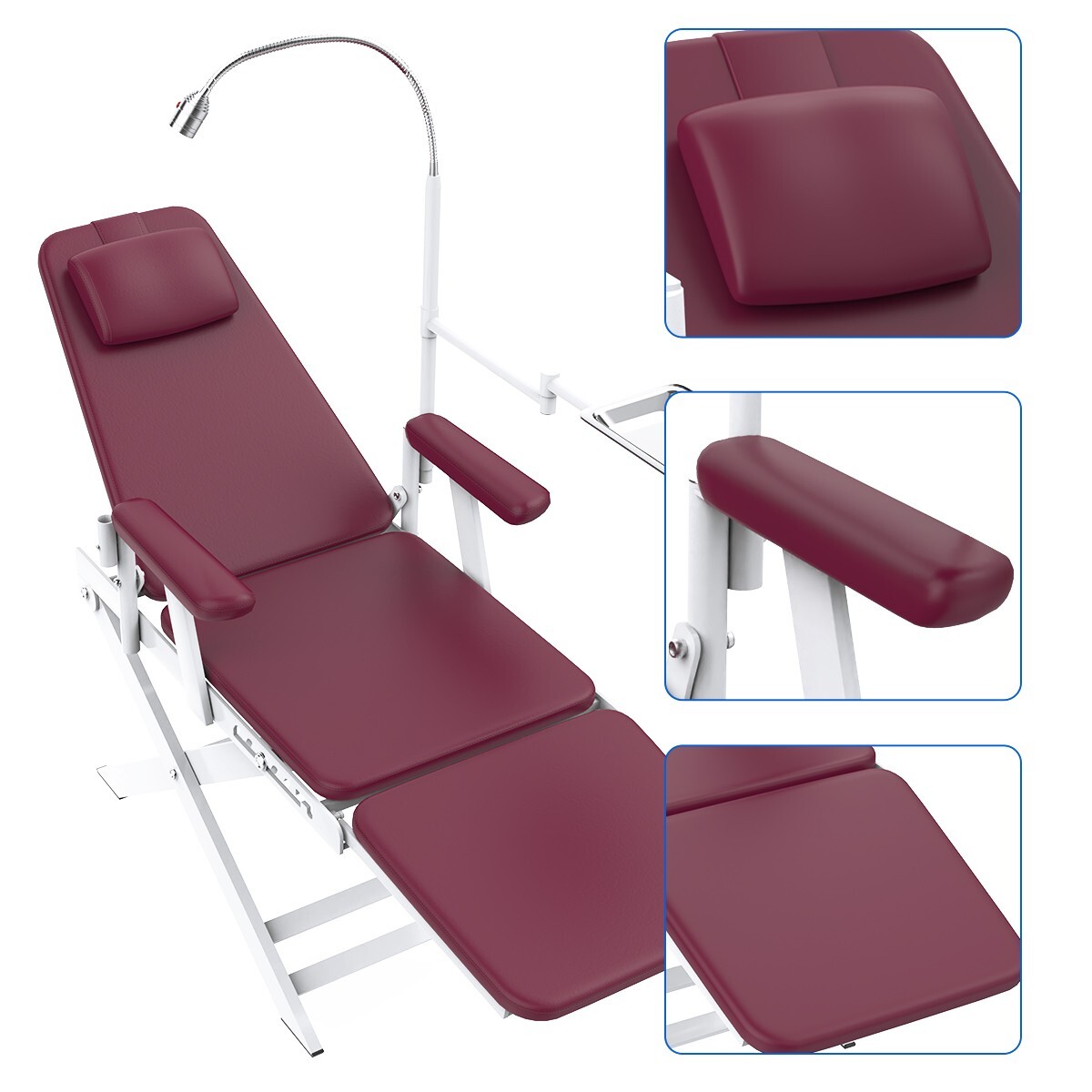 Portable Dental Mobile Folding Chair PU Leather with LED Light & Tray Wine Red