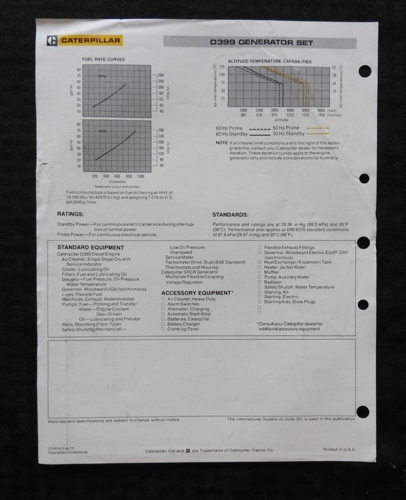 1977 GENUINE CATERPILLAR D399 DIESEL GENERATOR ENGINE SET SPECIFICATION BROCHURE