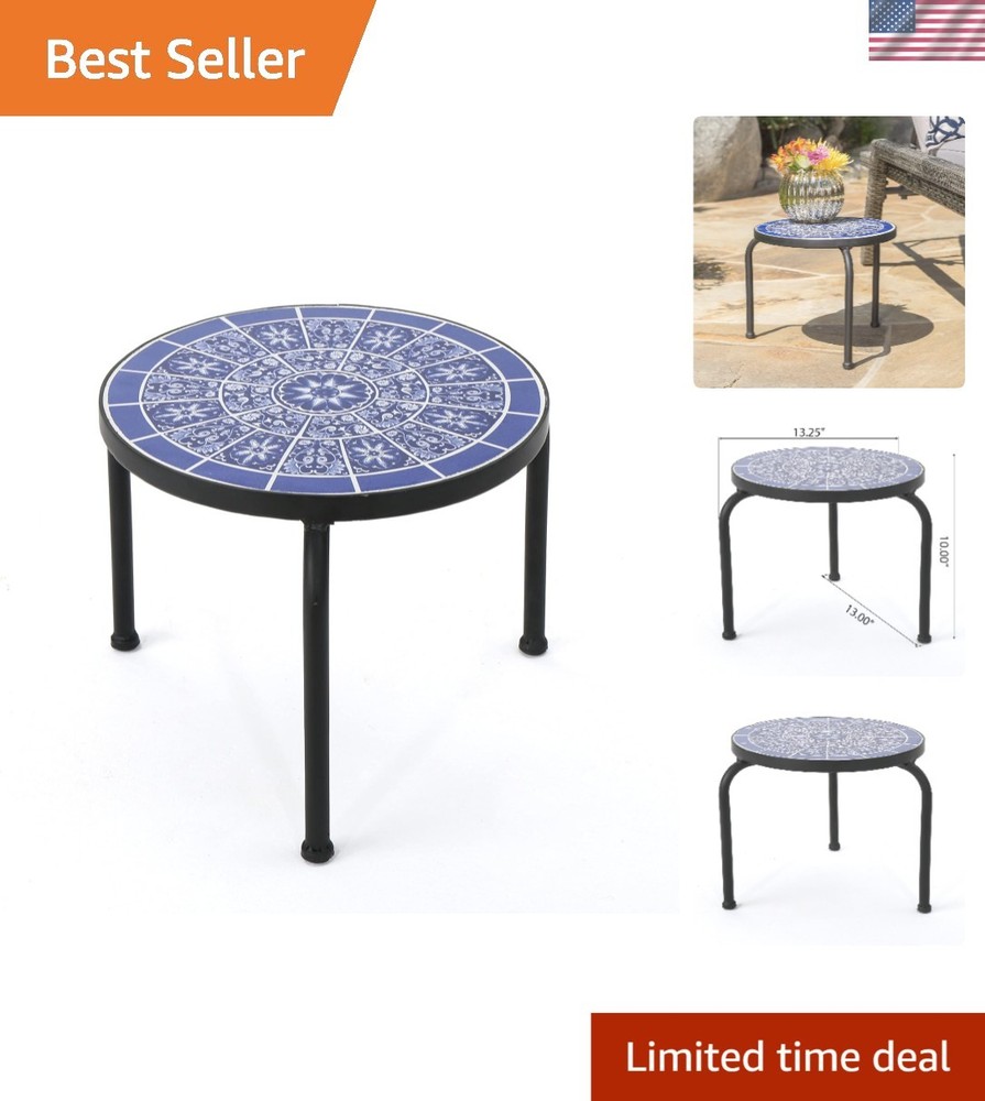 Versatile Ceramic Tile Side Table with Iron Frame - Perfect for Outdoor Decor