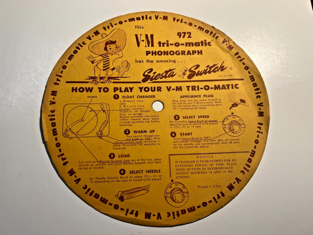 9" VM Triomatic 972 Phonograph w/ Siesta Switch Instruction Disk
