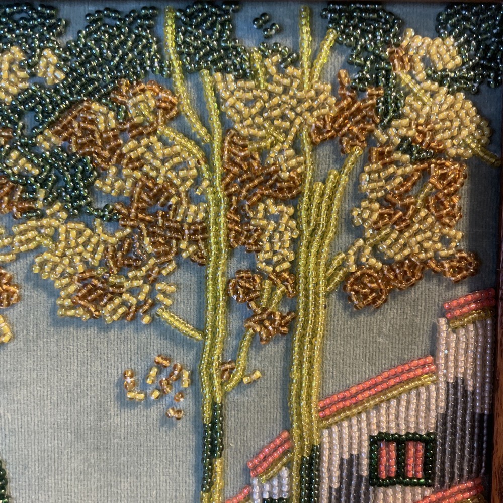 Vintage Beaded Needlepoint Landscape Framed Micro Bead Art - Sidewalk Trees