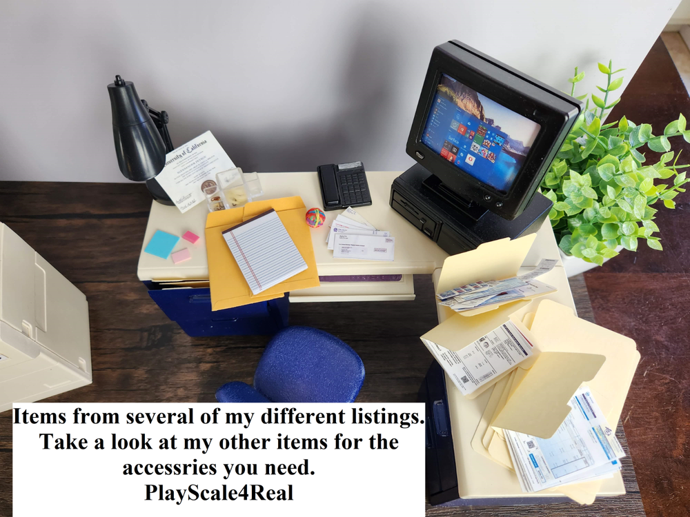 1/6 Scale Miniature Office Set 2 - 3 File Folders, 14 Documents, 1 Sticky Notes